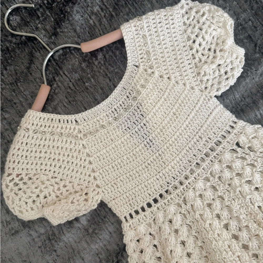 Cream Crochet Baby Dress with Shoes